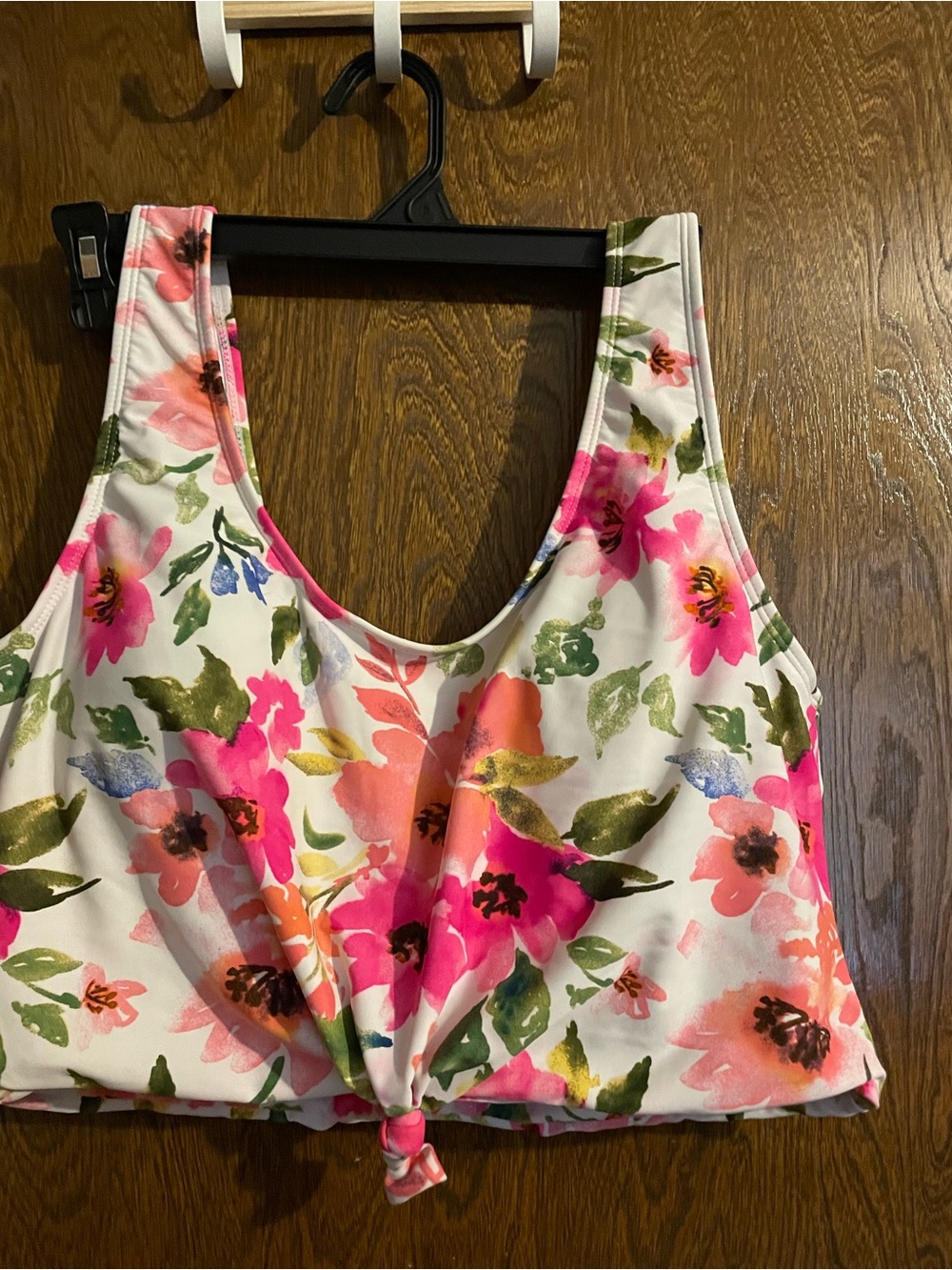 Floral Tie-Front Swim Tank Top - White with Pink & Green